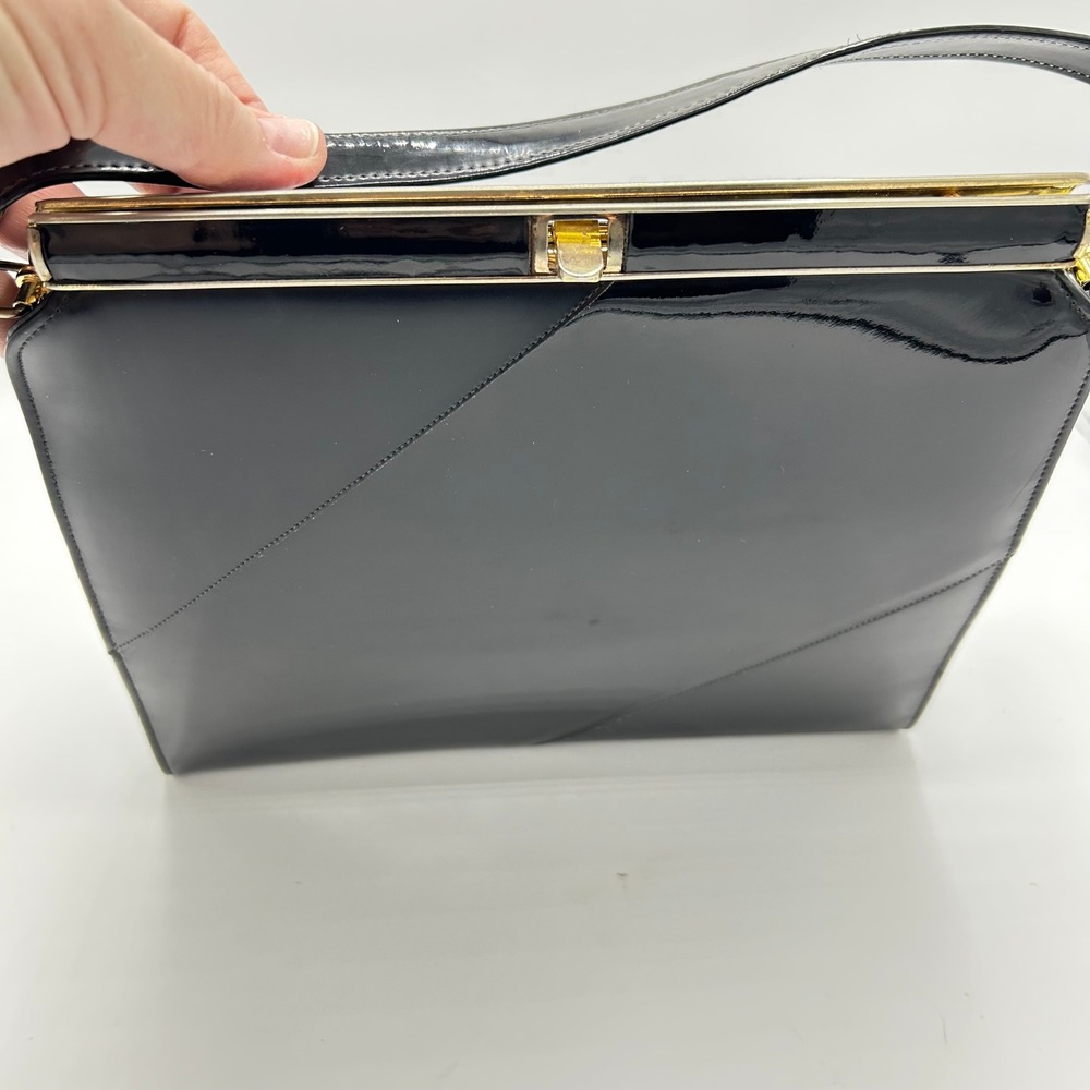 Vintage Life Stride Black Patent Leather Handbag Gold Hardware Purse - Picture 12 of 14